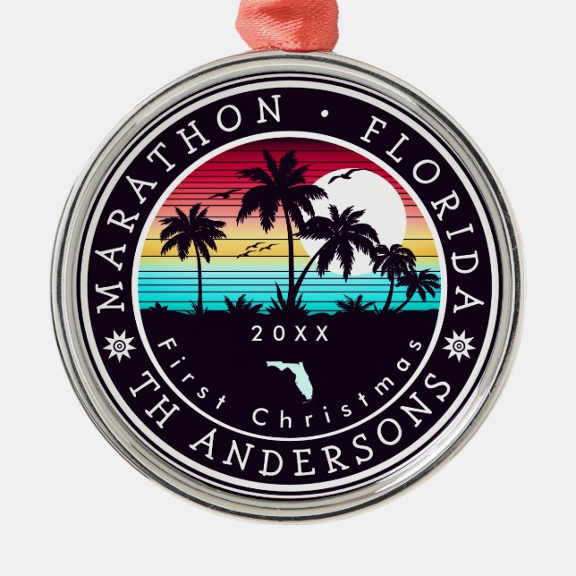 Marathon Florida Retro Sunset Palm Tree 80s Metal Tree Decoration (Front)