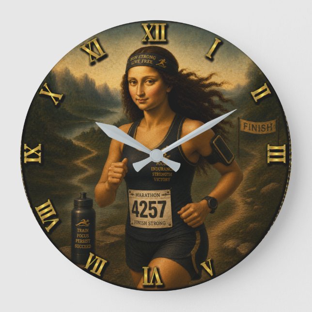 Marathon Runner Funny Mona Lisa  Large Clock (Front)