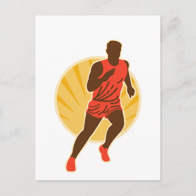 Marathon runner silhouette sunburst postcard (Front)