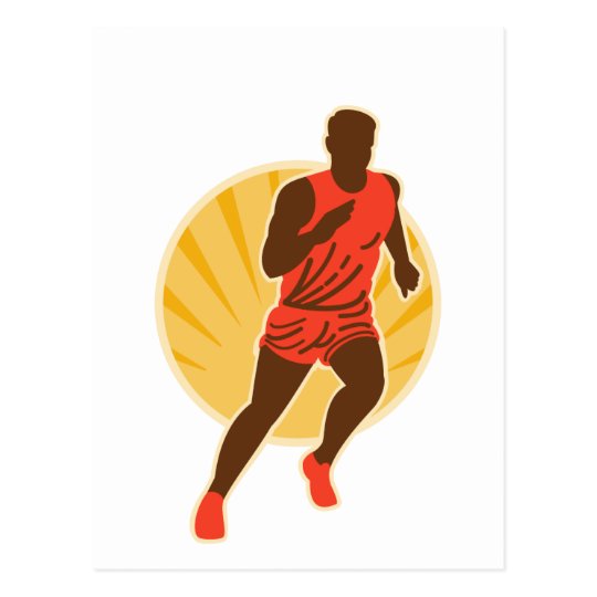 Marathon runner silhouette sunburst postcard