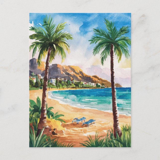 Marbella Beach Spain Watercolor Painting Postcard (Front)