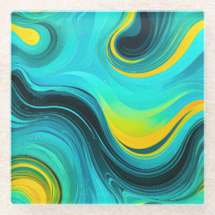 “Marbella” Blue Yellow Swirls Waves Glass Coaster