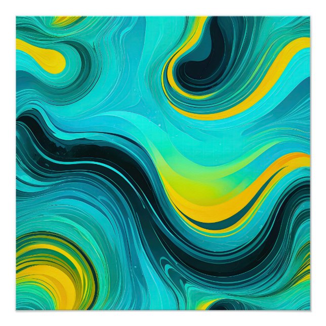 “Marbella” Blue Yellow Swirls Waves Poster (Front)
