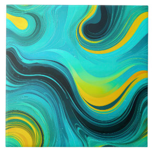 “Marbella” Blue Yellow Swirls Waves Tile