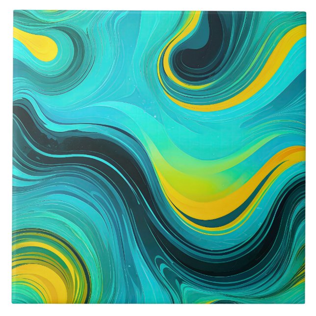 “Marbella” Blue Yellow Swirls Waves Tile (Front)