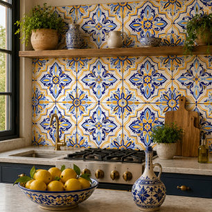 Marbella Mosaic Coastal Blue and Gold Medallion Tile