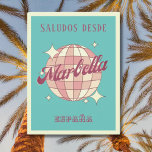 Marbella Spain España Retro Vintage Postcard<br><div class="desc">Marbella Spain Retro Vintage Design featuring a disco ball in pink,  and apricot peach hues. This beautiful postcard is a perfect greeting card for Marbella residents,  visitors,  tourists or fans.</div>
