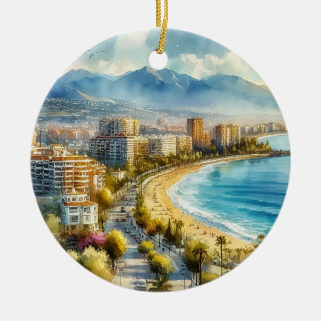 Marbella Spain Watercolor Ceramic Tree Decoration (Front)