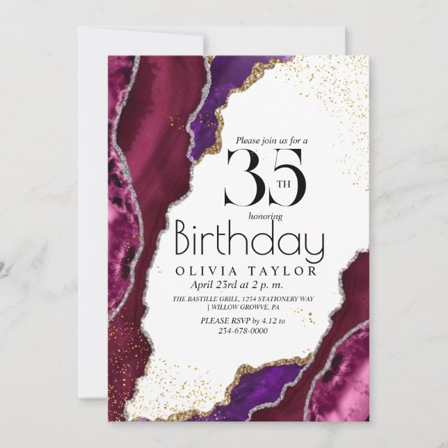 Marble 35th Spark Pink gold Agate Women Birthday Invitation (Front)