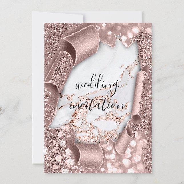 Marble 3D Rose Gold Wedding Glitter  Invitation (Front)