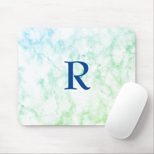 Marble Abstract Blue Green White Monogram Ombre Mouse Mat