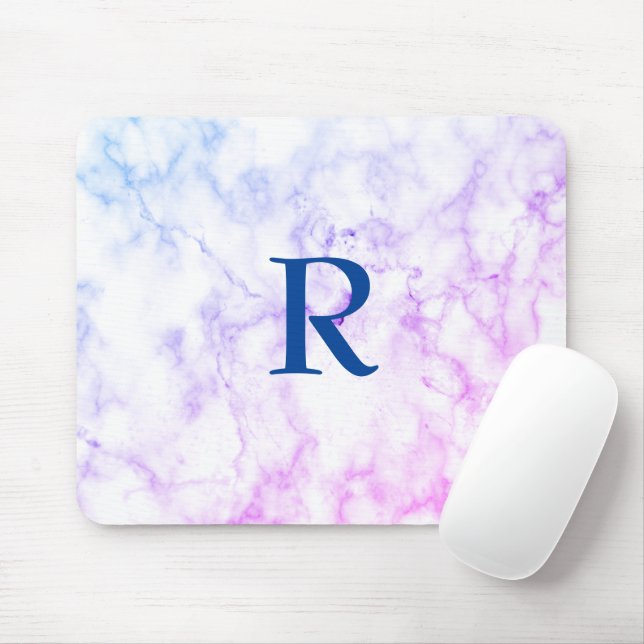 Marble Abstract Blue Purple White Monogram Ombre Mouse Mat (With Mouse)