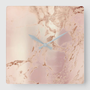Marble Abstract Pearly Blush Pink Coral Rose Coppe Square Wall Clock