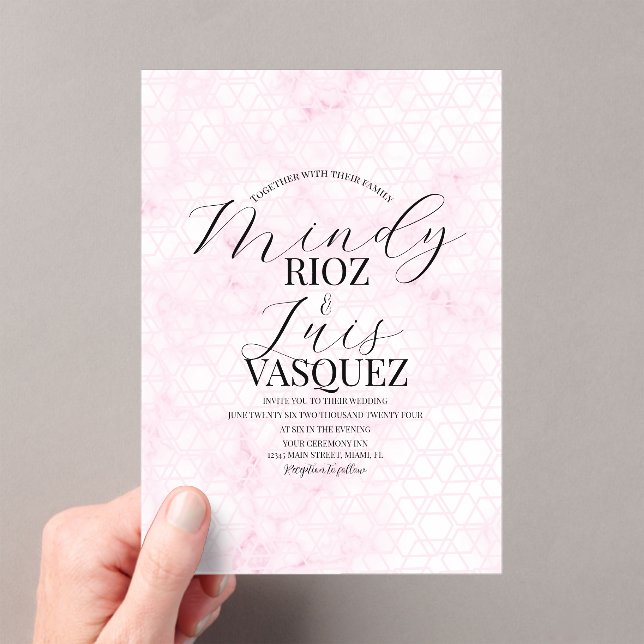Marble Abstract Pink Wedding Script Black  Acrylic Invitations (Insitu (Handheld))