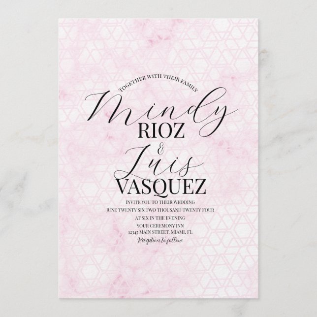 Marble Abstract Pink Wedding Script Black  Invitation (Front)