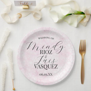 Marble Abstract Pink Wedding Script Black  Paper Plate