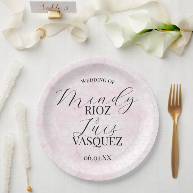 Marble Abstract Pink Wedding Script Black  Paper Plate (Wedding)