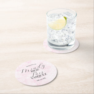 Marble Abstract Pink Wedding Script Black  Round Paper Coaster