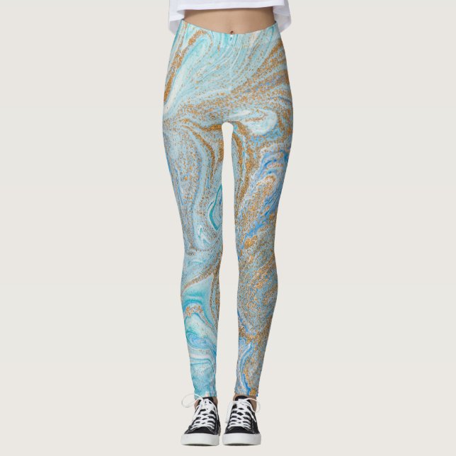Marble acrylic background, blue with golden glitte leggings (Front)
