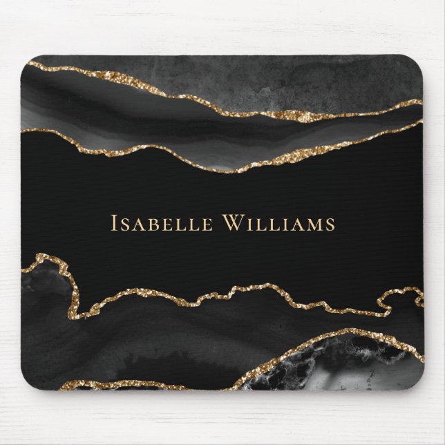 Marble Agate Black Gold Elegant Chic Personalised  Mouse Mat (Front)
