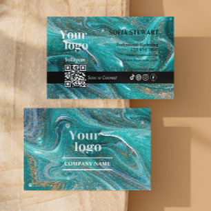 Marble Agate Blue Teal Aqua Instagram Qr Code  Business Card