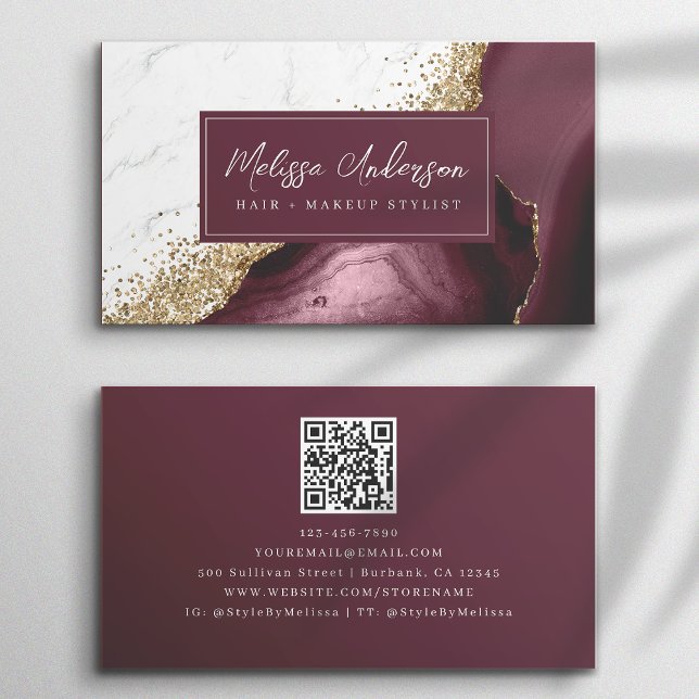 Marble Agate Burgundy Gold Glitter QR Code Business Card (Creator Uploaded)