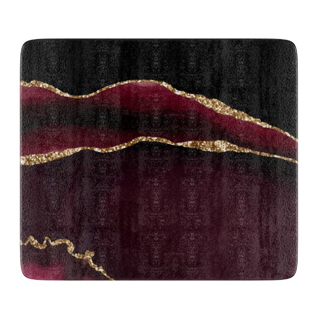 Marble Agate Chic Black Purple Gold Glitter Cutting Board (Front)