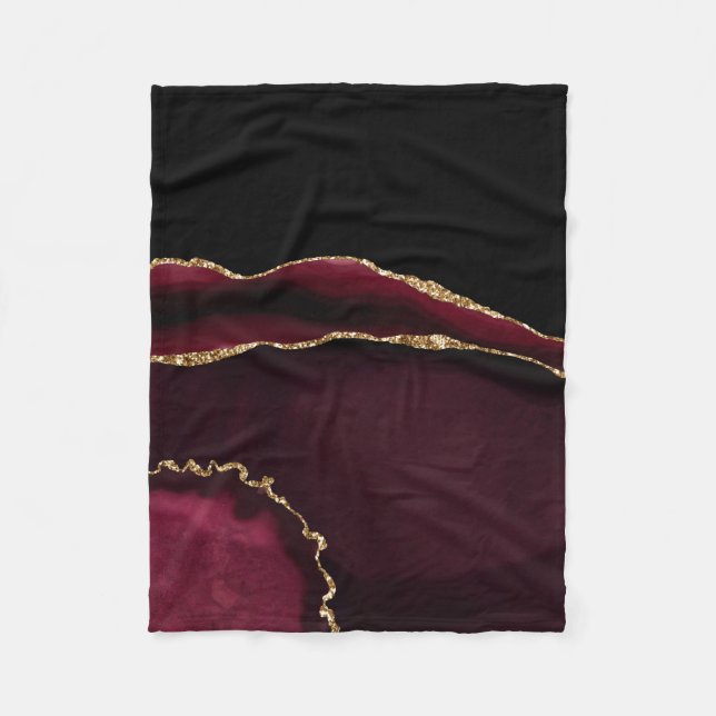 Marble Agate Chic Black Purple Gold Glitter Fleece Blanket (Front)