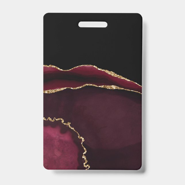 Marble Agate Chic Black Purple Gold Glitter ID Badge (Front)