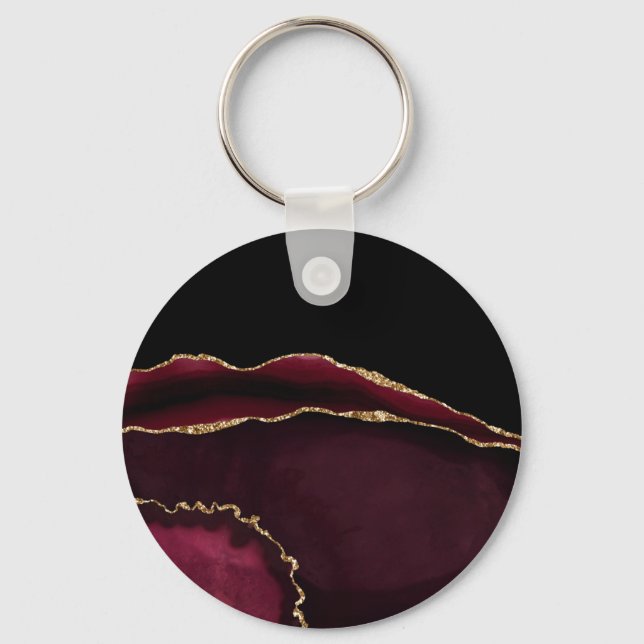 Marble Agate Chic Black Purple Gold Glitter Key Ring (Front)