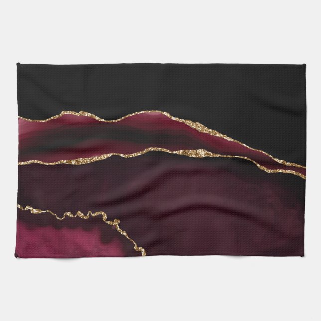 Marble Agate Chic Black Purple Gold Glitter Tea Towel (Horizontal)