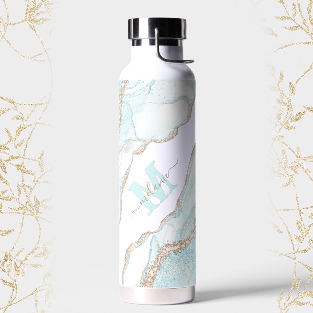 Marble Agate Geode Light Blue Gold Monogram Name Water Bottle (Marble Agate Geode Light Blue Gold Monogram Name Water Bottle)