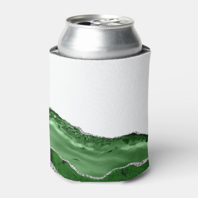 Marble Agate Glamourous Emerald Green Silver Can Cooler (Can Front)
