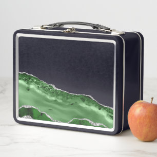 Marble Agate Glamourous Emerald Green Silver Metal Lunch Box