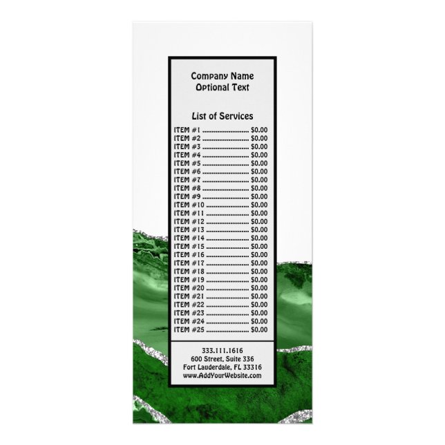 Marble Agate Glamourous Emerald Green Silver Rack Card (Front)