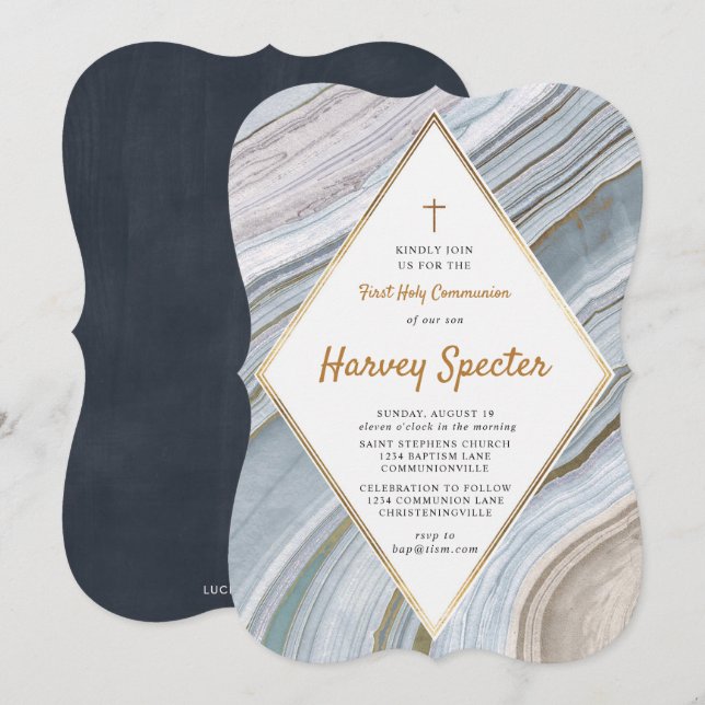 Marble Agate Gold First Holy Communion Invitation (Front/Back)
