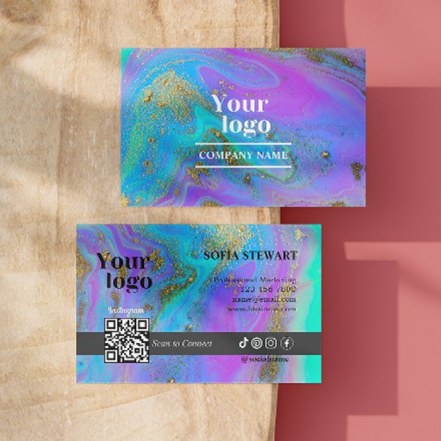 Marble Agate Holographic Instagram Qr Code  Business Card (Marble Agate Holographic Instagram Qr Code Business Card)