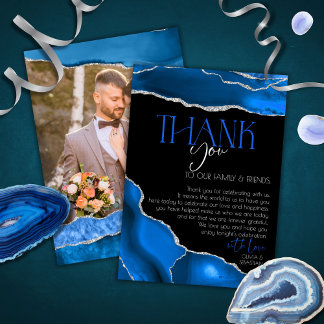 Marble Agate Royal blue wedding Wedding Thank You Card