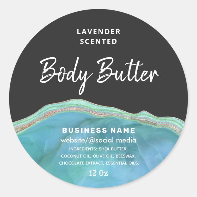 Marble agate turquoise script body butter label (Front)