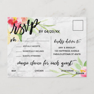 Marble and Boho Flowers Menu Choice RSVP Postcard