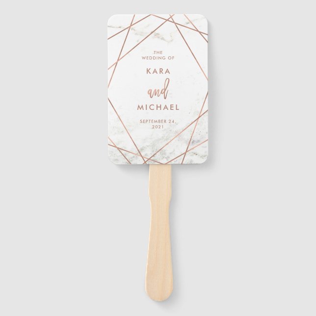 Marble and Faux Rose Gold Geometric Wedding Hand Fan (Front)