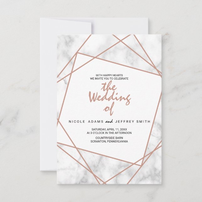 Marble and Faux Rose Gold Geometric Wedding Invite (Front)
