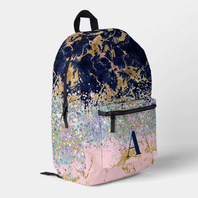 Marble and glitter girly monogram printed backpack (Back Corner Left)