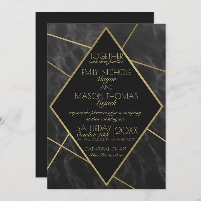 Marble and Gold Art Deco Geometric Slate Wedding Invitation (Front/Back)