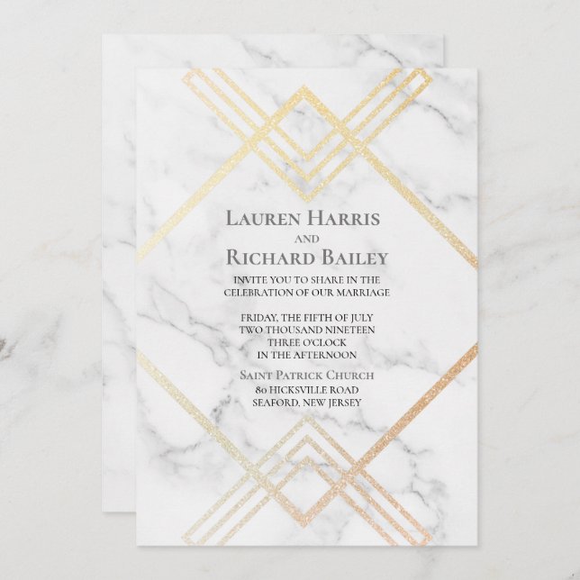 Marble and Gold  Geometric shape Faux Foil Wedding Invitation (Front/Back)