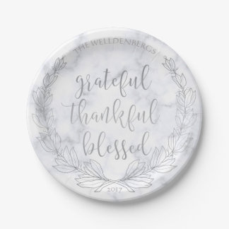 Marble and Silver Wreath Grateful Thankful Blessed Paper Plate