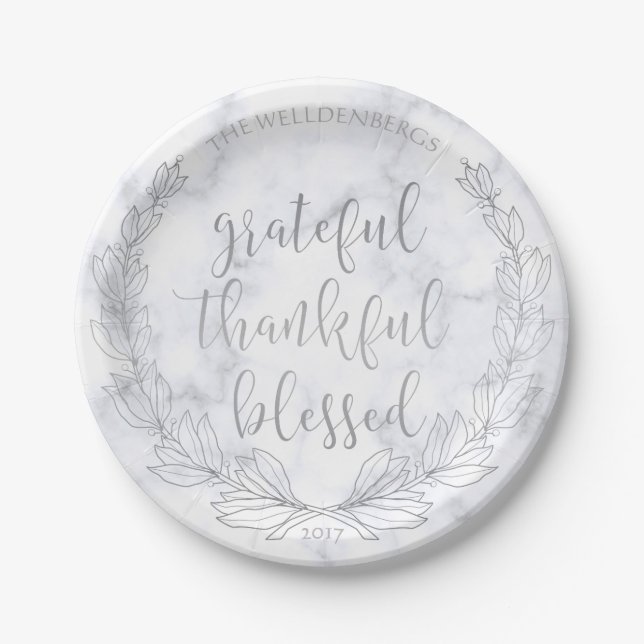 Marble and Silver Wreath Grateful Thankful Blessed Paper Plate (Front)