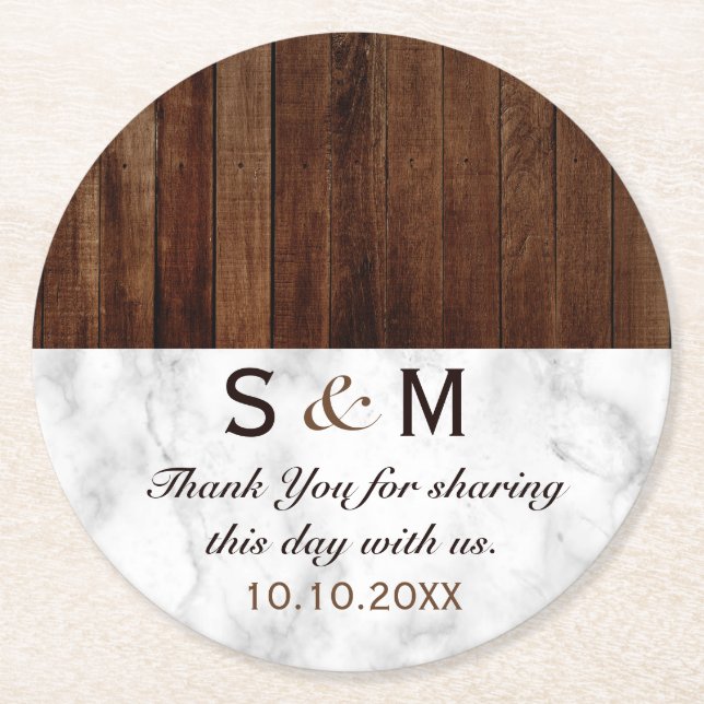 Marble and Wood Wedding Thank You Round Paper Coaster (Front)