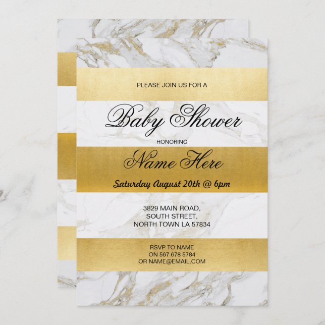 Marble Baby Shower Invite Stripe White Gold Party (Front/Back)