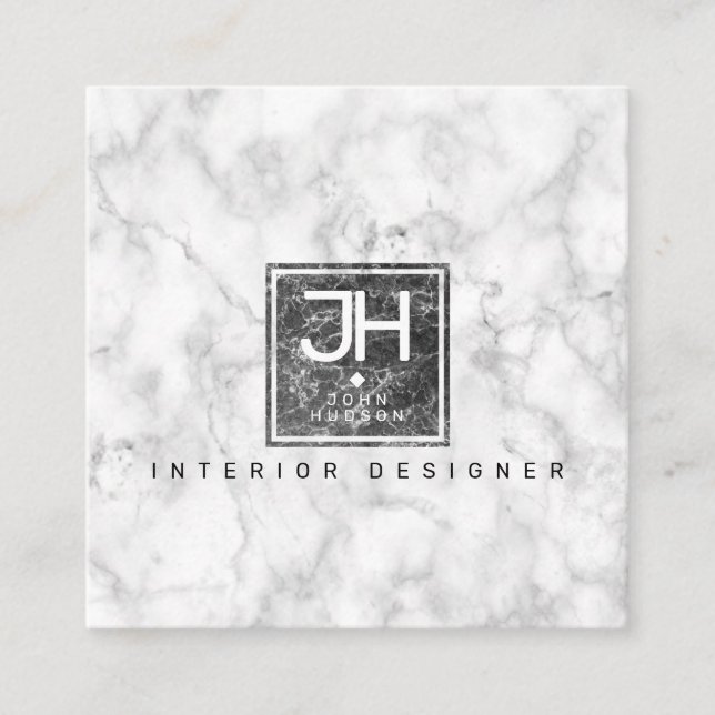 Marble Background Black and White Modern Monogram Square Business Card (Front)